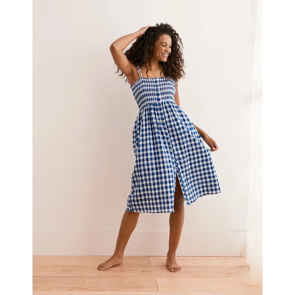 Aerie Blue Gingham Smocked Button Front Midi Dress Cottagecore Picnic Size S